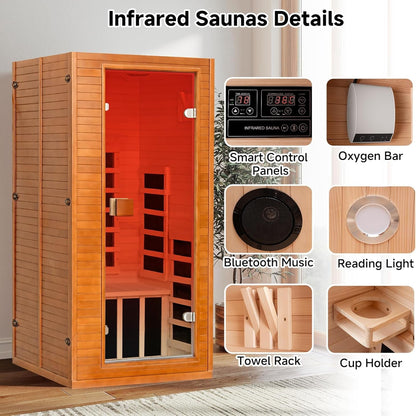 Infrared Sauna with 660 & 850Nm Red Light Therapy, Full Spectrum Sauna with 7 Heater, 1290W 120V, Fast Heat-Up, 1 Person Canadian Hemlock Wood Dry Sauna for Indoor, Home Gym, 31.5*30.3*67"