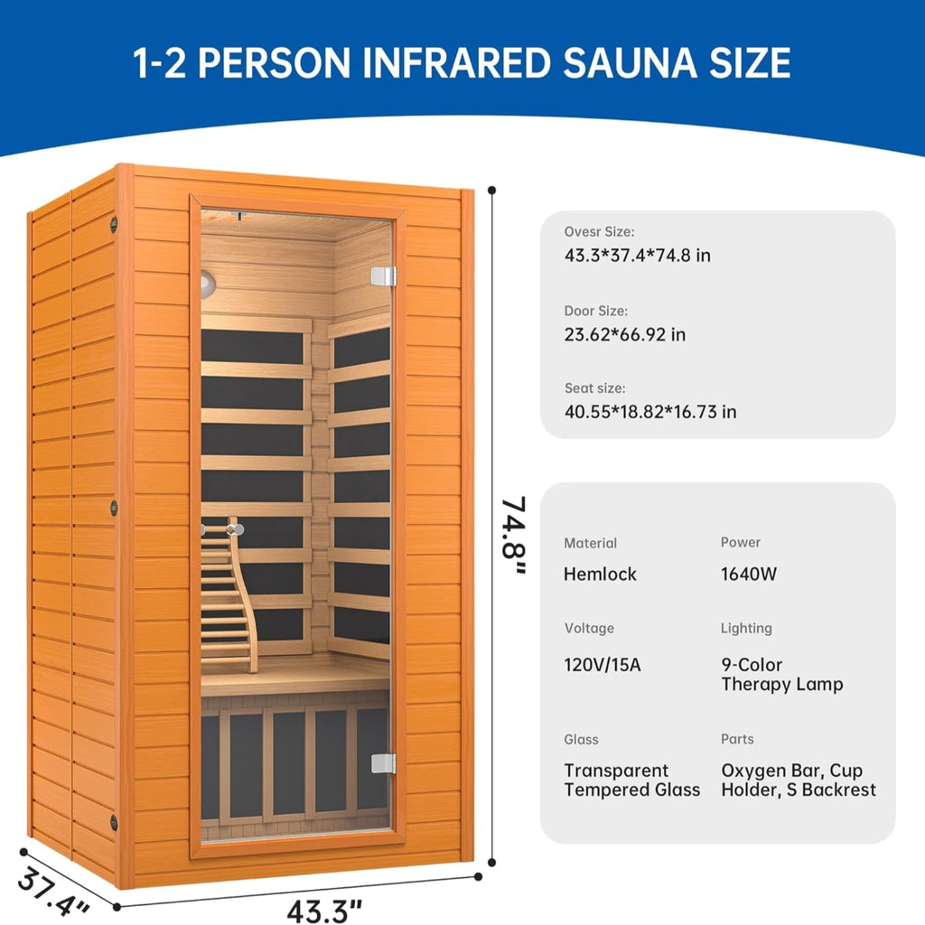 Infrared Sauna for Home, near Zero EMF Home Saunas for up to 2 Person, Indoor Dry Heat Sauna Room with Infrared Red Light Therapy, Bluetooth Speakers, Canadian Hemlock Wood