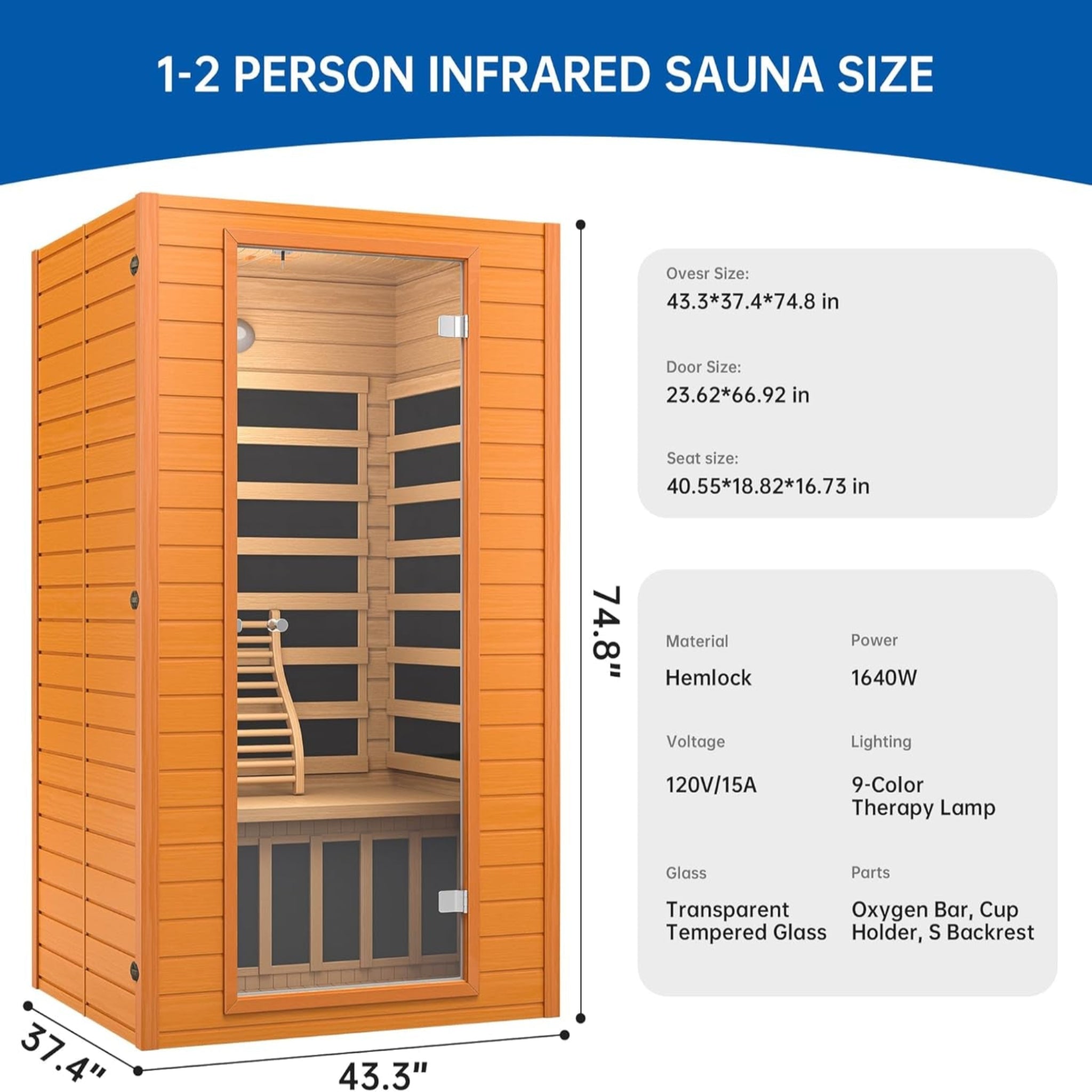 Infrared Sauna for Home, near Zero EMF Home Saunas for up to 2 Person, Indoor Dry Heat Sauna Room with Infrared Red Light Therapy, Bluetooth Speakers, Canadian Hemlock Wood