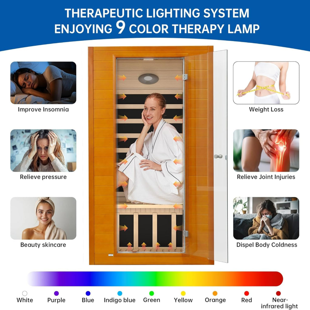 Infrared Sauna for Home, near Zero EMF Home Saunas for up to 2 Person, Indoor Dry Heat Sauna Room with Infrared Red Light Therapy, Bluetooth Speakers, Canadian Hemlock Wood