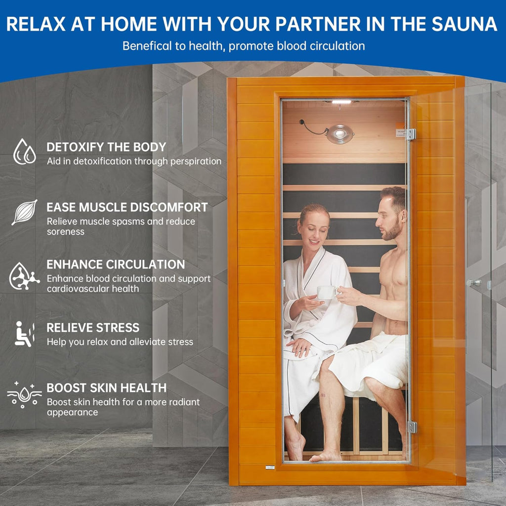 Infrared Sauna for Home, near Zero EMF Home Saunas for up to 2 Person, Indoor Dry Heat Sauna Room with Infrared Red Light Therapy, Bluetooth Speakers, Canadian Hemlock Wood