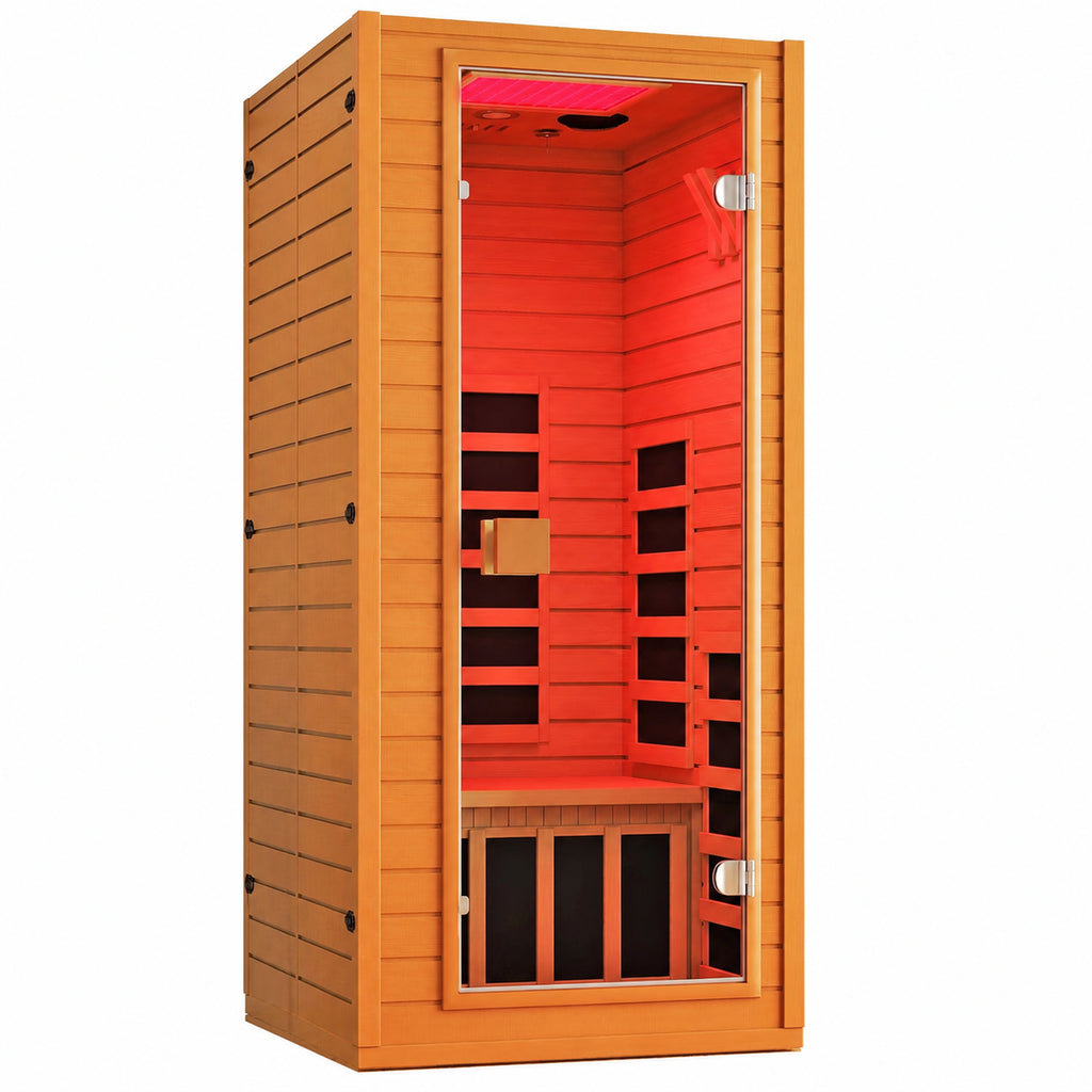 Infrared Sauna with 660 & 850Nm Red Light Therapy, Full Spectrum Sauna with 7 Heater, 1290W 120V, Fast Heat-Up, 1 Person Canadian Hemlock Wood Dry Sauna for Indoor, Home Gym, 31.5*30.3*67"